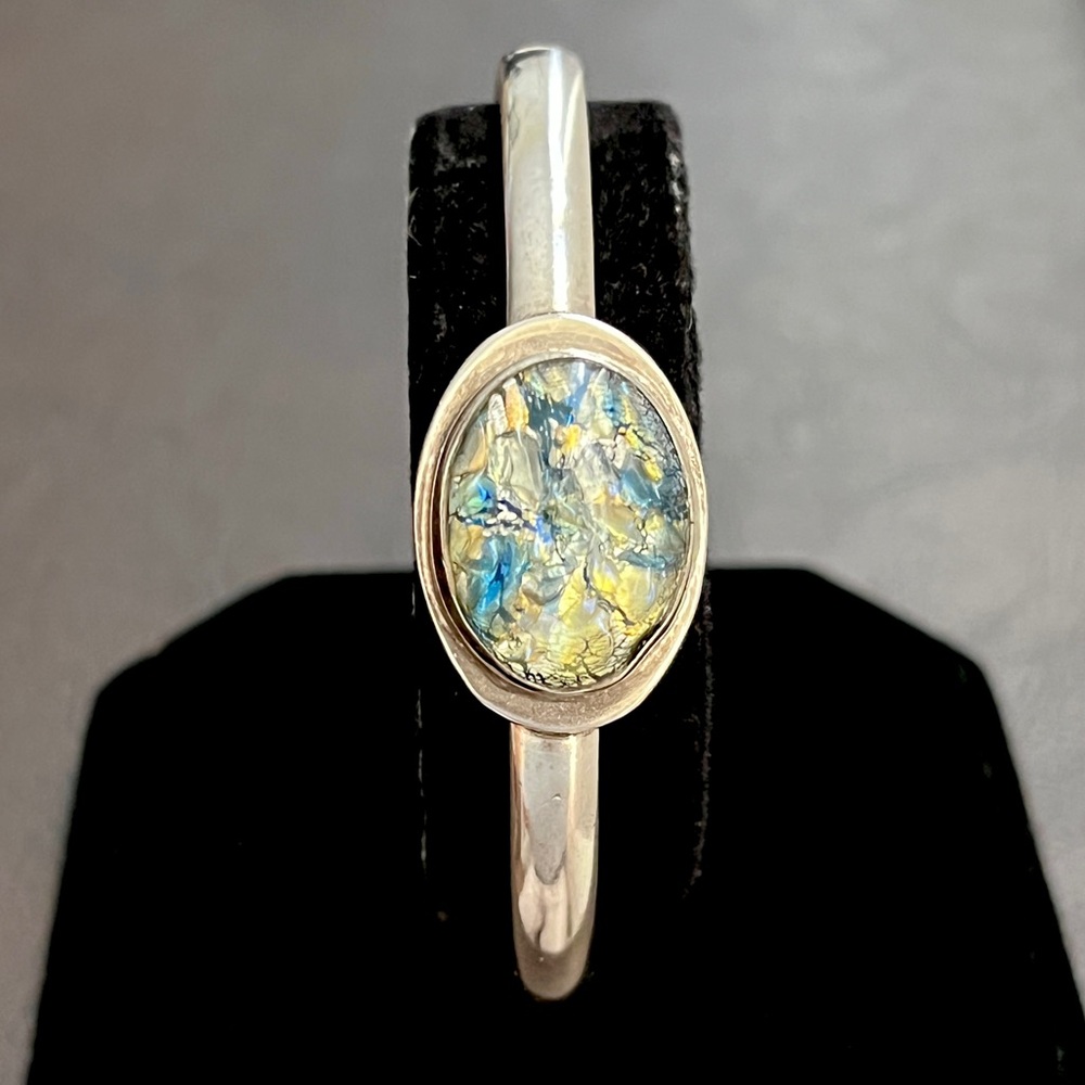 Vintage Taxco Mexico sterling silver and dichroic glass cuff bracelet - Picture 4 of 7